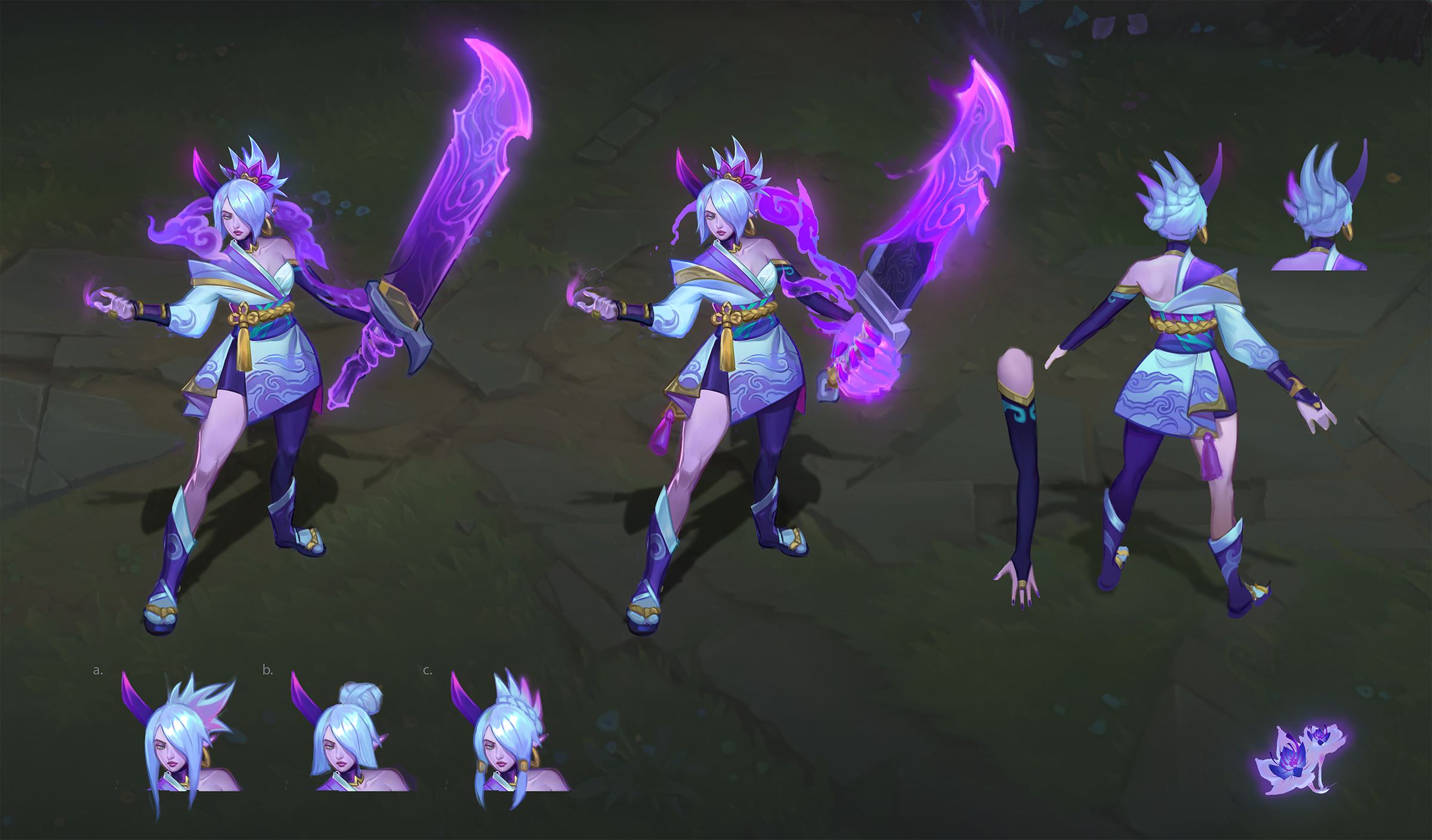 the image showcases concept art for a league of legends irelia skin, likely spirit blossom.  it's a model sheet displaying the character from multiple angles: front, back, and threequarter views.  the art style is animeinspired, featuring a female character in a japanesestyle kimono with purple and white color schemes. she wields glowing purple spectral swords.  the sheet also includes details such as closeups of hairstyle variations and a separate depiction of the spectral blossom motif. the overall quality suggests professional concept art for a video game character.