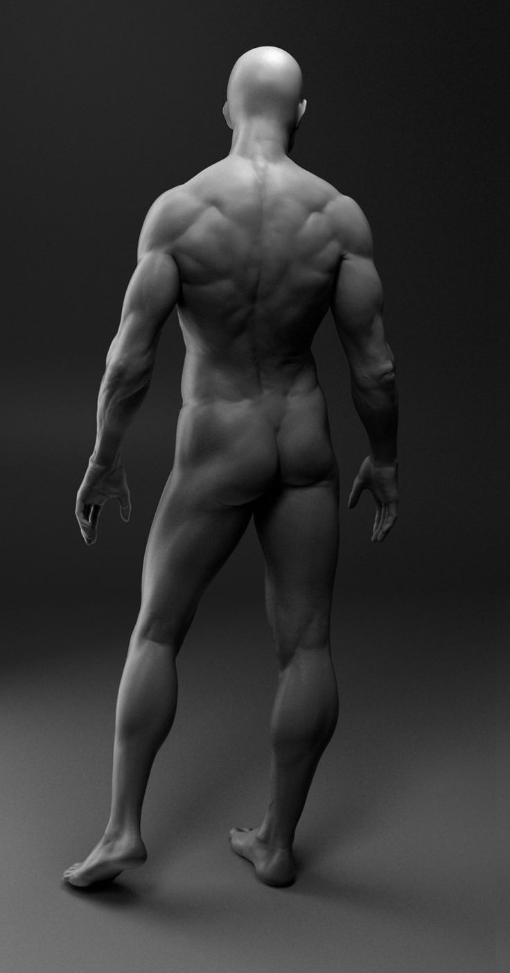 the image is of a nude male figure from the back, emphasizing his muscular anatomy. he is standing with his feet slightly apart, his arms relaxed at his sides. the background is a dark gray, and the lighting is dramatic, highlighting the contours of his body.