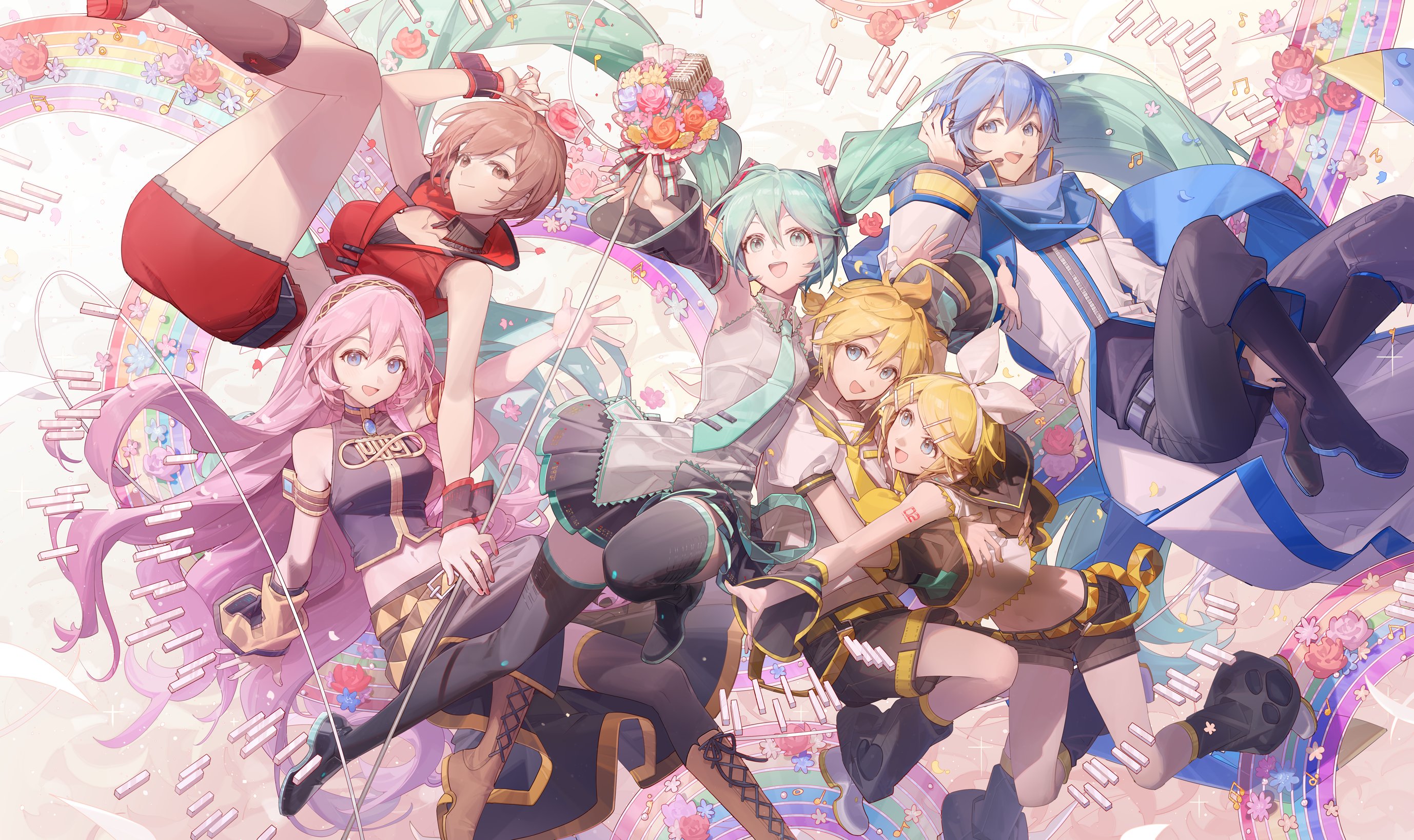an illustration of the vocaloid characters hatsune miku, kagamine rin, kagamine len, megurine luka, meiko, and kaito in a colorful and dynamic group shot with music notes and flowers in the background.
