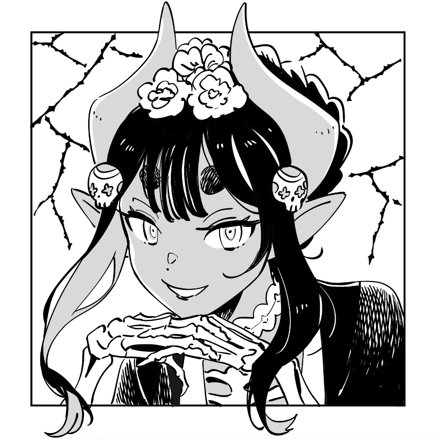 an anime character, a female demon, is drawn in black and white. she has horns, skulls as earrings, flowers in her hair, and a skeleton hand.  she has a mischievous, almost creepy, look on her face, her eyes wide and her mouth slightly open in a smirk.