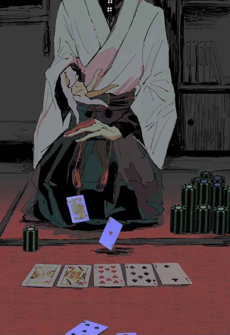 the image is an illustration of an anime man in a kimono sitting at a red table and playing poker. there are stacks of chips, cards on the table, and cards in the air. the man has his hands spread out, perhaps controlling the cards. there is a bookshelf behind him.