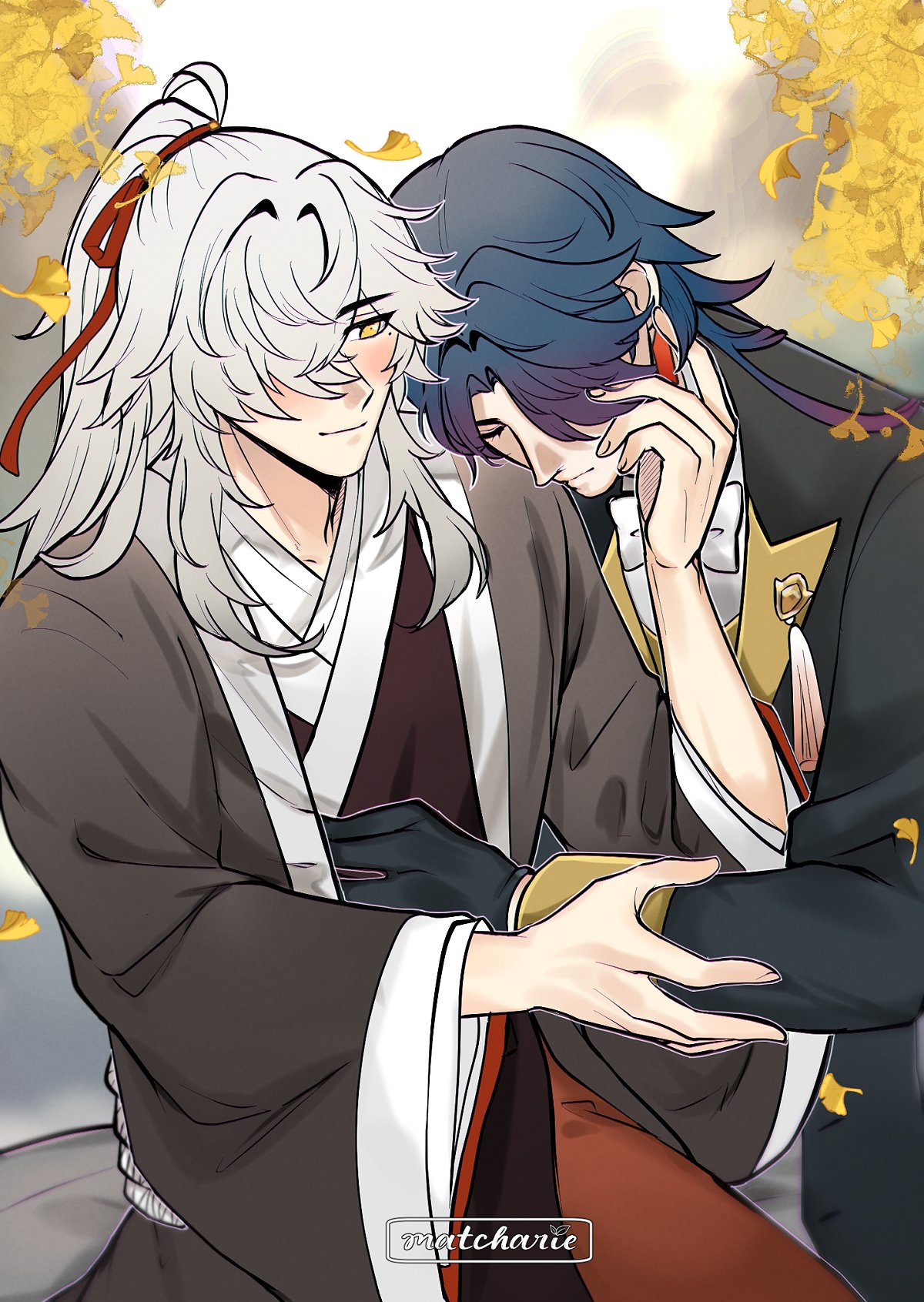 this is a digital illustration of two anime characters in a romantic embrace. the character on the left has long white hair, a red ribbon in their hair, and is wearing a gray kimono with a white collar. the character on the right has blue hair, purple highlights, and is wearing a black suit with a gold trim. they are both looking down, with the character on the right appearing sad and wiping away tears. the illustration has a soft and romantic atmosphere, with the background featuring a subtle pattern of yellow leaves. the characters are drawn in a detailed and expressive style, with their emotions clearly conveyed through their expressions and body language. the overall impression is one of comfort and support, suggesting a close and loving relationship between the two characters.