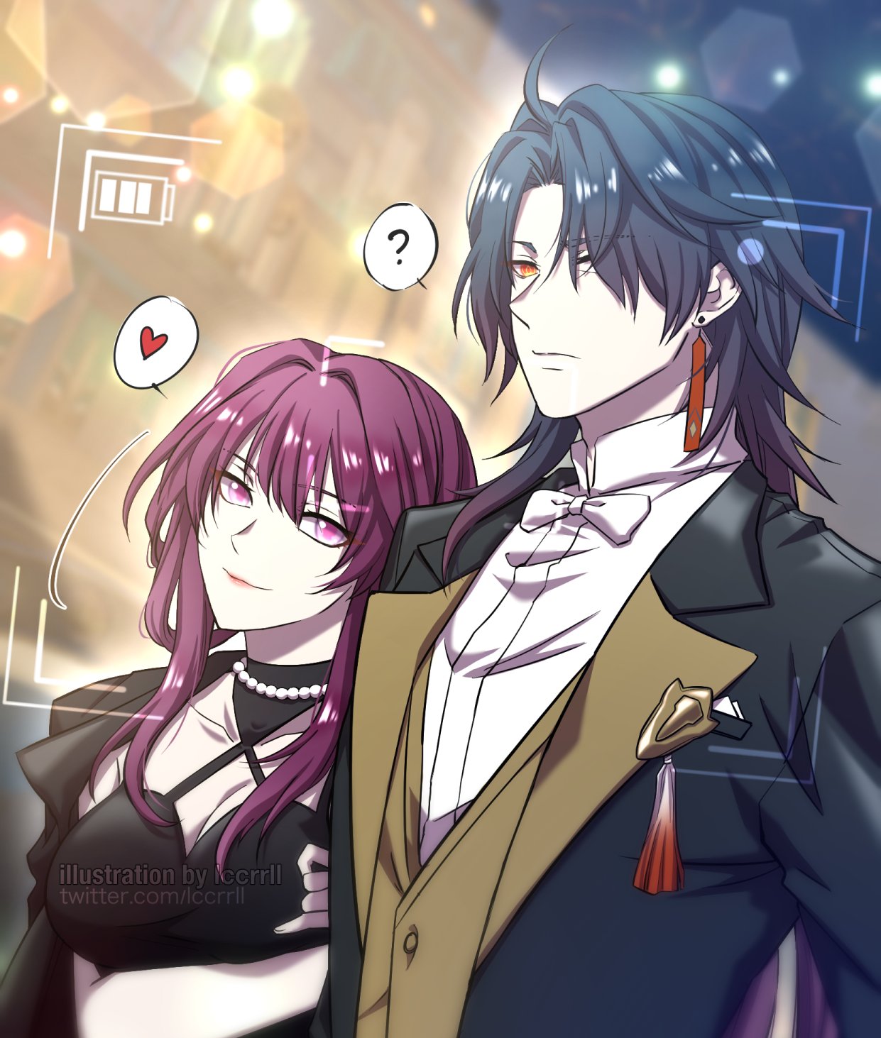 the image is an anime illustration of a couple standing together. the man is wearing a dark suit with a gold vest and a white bowtie. the woman is wearing a black dress with a low neckline. she has long purple hair and pink eyes. the man has black hair and purple eyes. the image is set in a city at night, with bright lights in the background. the couple is holding each other and looks happy and in love. the image is framed in a white rectangle with a pink heart and a question mark, suggesting that this is a love story. the image is full of colorful, bright colors and conveys a sense of joy and excitement.