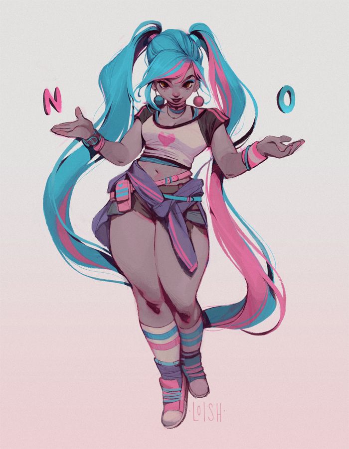 a digital art illustration of a cartoon anime girl with blue and pink hair. she is wearing a white shirt, black tank top, blue and pink shorts, blue, pink, and white socks and sneakers. her hair is tied up in two ponytails, one blue and one pink. she has a big smile and is wearing earrings that look like cherries. she has a "n" drawn above her left hand and an "o" above her right hand. the background is white with a light pink tint. the illustration is signed "loish."