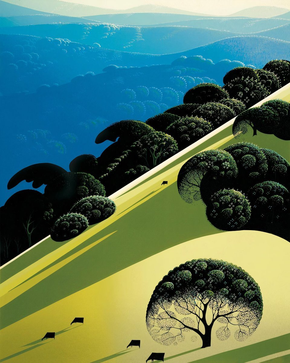 the image showcases a picturesque landscape of rolling hills bathed in sunlight. the hills are adorned with stylized oak trees, their dark green foliage contrasting against the vibrant green slopes. a handful of cows graze peacefully on the lower hillside, their silhouettes adding a touch of rural charm. the scene is awash in the warm glow of natural light, casting long shadows from the trees and emphasizing the gentle curves of the terrain. the background gradually fades into a serene blue, hinting at distant mountains.