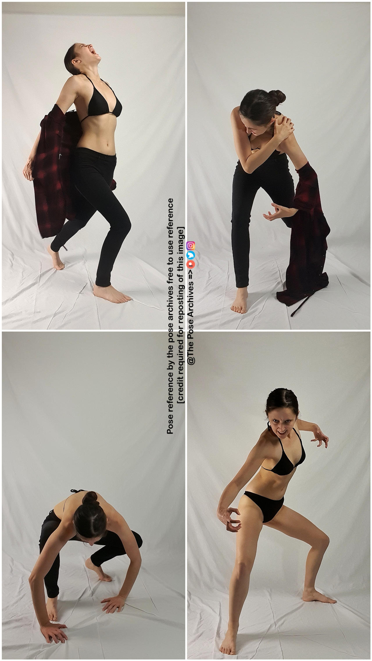 a collage of four images featuring the same young woman in various dynamic action poses against a plain white background. she wears a black bikini top and bottoms, and a red and black plaid shirt in some of the photos. the lighting is bright and artificial, typical of a studio setting.  these images are intended as reference material for artists.