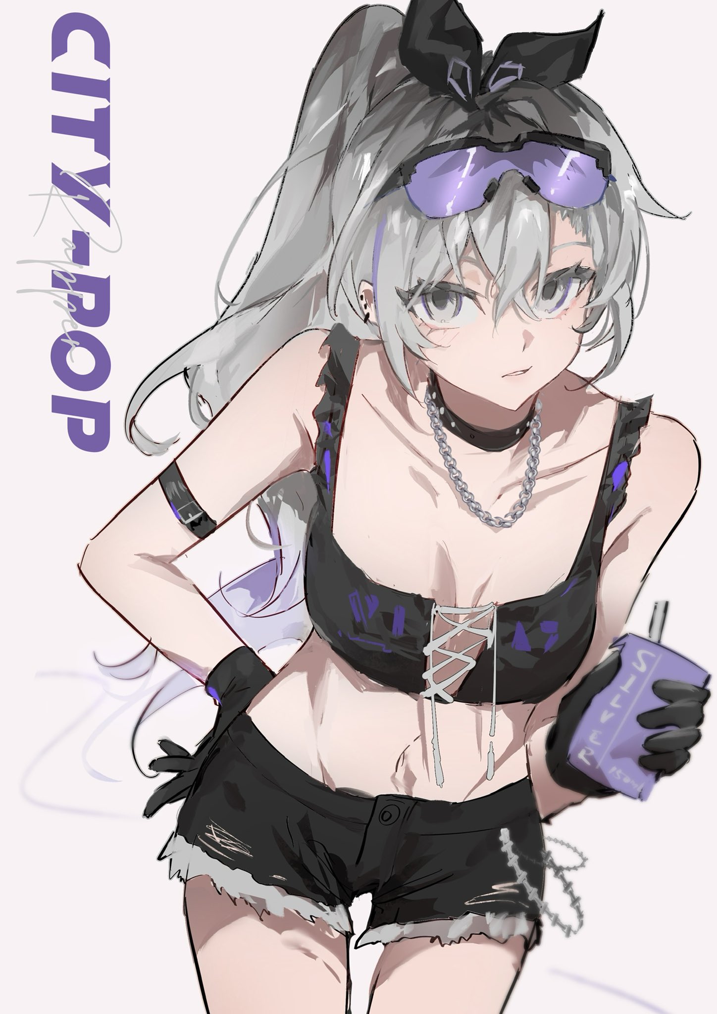a digital painting of a woman with white hair in a ponytail, wearing a black top, black shorts, a necklace, sunglasses, and gloves. she is holding a drink and looking at the viewer.