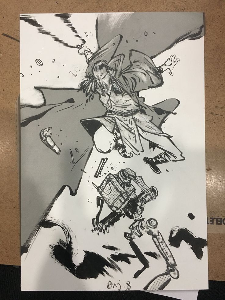 a black and white drawing of a man, possibly a samurai, attacking a robot. he is holding a weapon in his hand. the image is very dynamic, with lots of movement and energy. the robot is partially destroyed, and the man's cape is flowing behind him. the drawing is done in a style that is reminiscent of manga and comics, with bold lines and strong contrasts. it appears to be a scene from a scifi or fantasy comic book. the artist's signature is visible in the lower right corner.