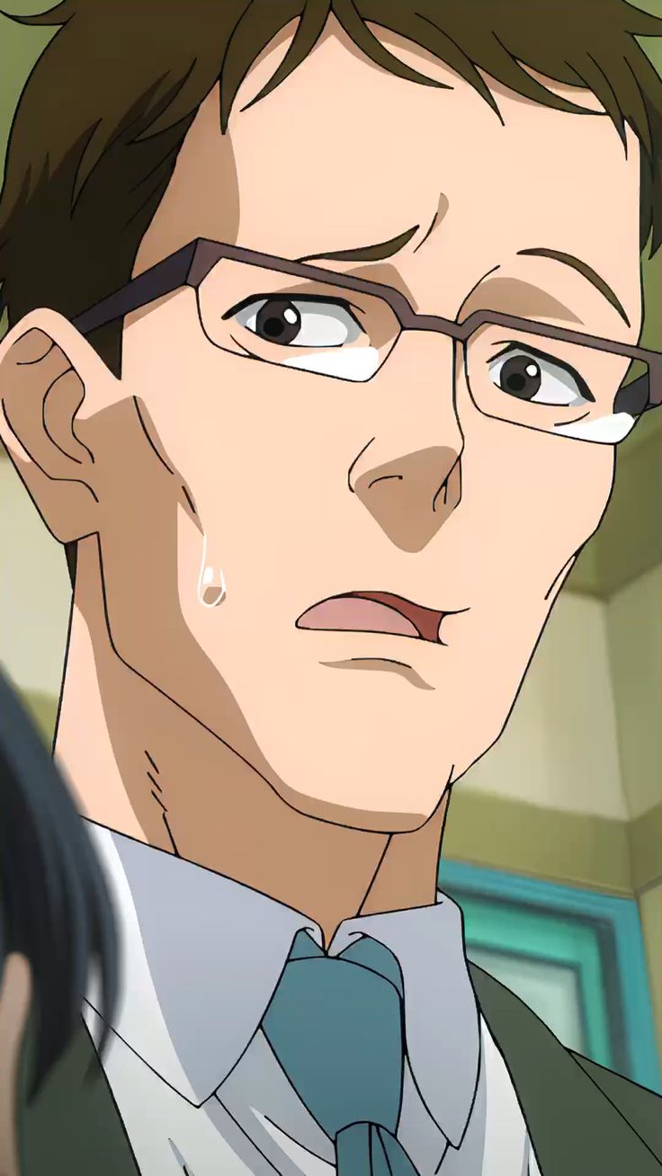 a closeup illustration of an adult male character. he appears to be worried, with his brow furrowed, eyes wide, and a bead of sweat trickling down his face. he wears a white shirt, teal tie, and glasses. the background suggests an indoor setting.
