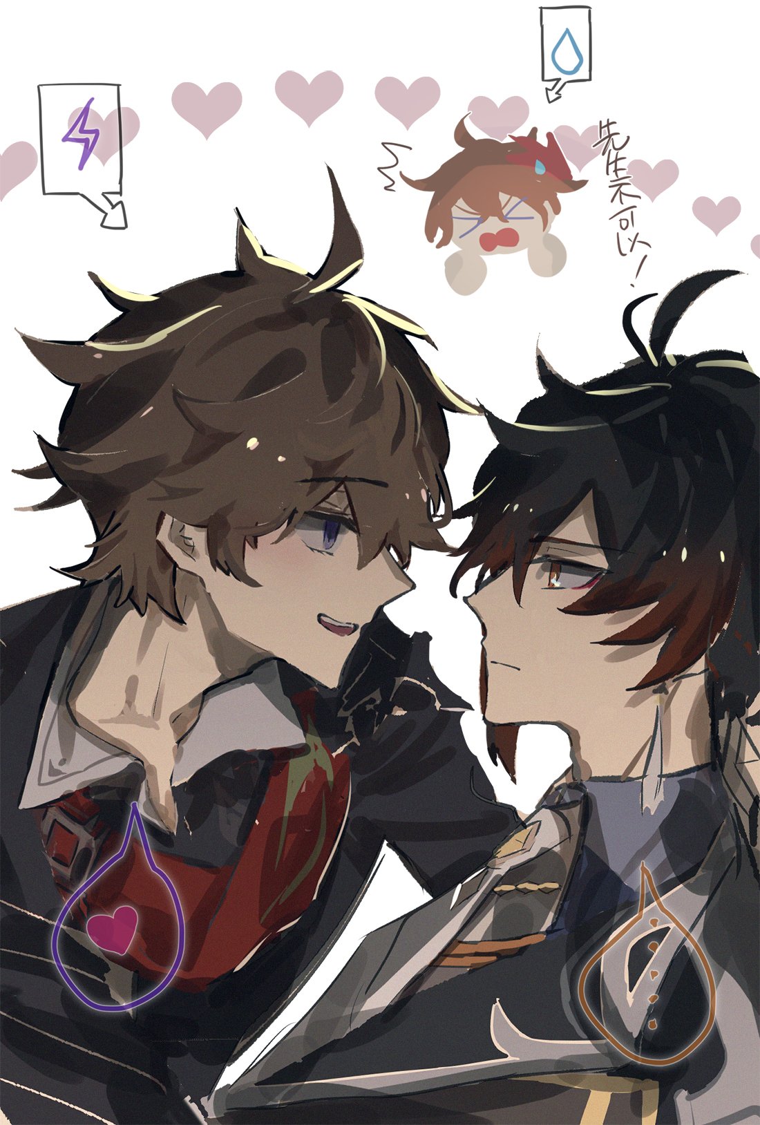 the image is a digital painting of two anime boys in a romantic setting. the boy on the left has brown hair and blue eyes, while the boy on the right has black hair and yellow eyes. they are both dressed in suits, and they are looking at each other with smiles on their faces. in the background, there are several hearts, indicating that the two boys are in love. the overall mood of the image is one of love, happiness, and romance.