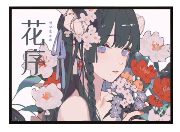 the image is an illustration of an animestyle woman surrounded by flowers. she has green hair with braids and horns adorned with white flowers. her eyes are blue, and she has light skin. there is japanese text on the left side of the image. the woman is holding a bouquet of blue and orange flowers. the background features white and red flowers. the image is framed in black.