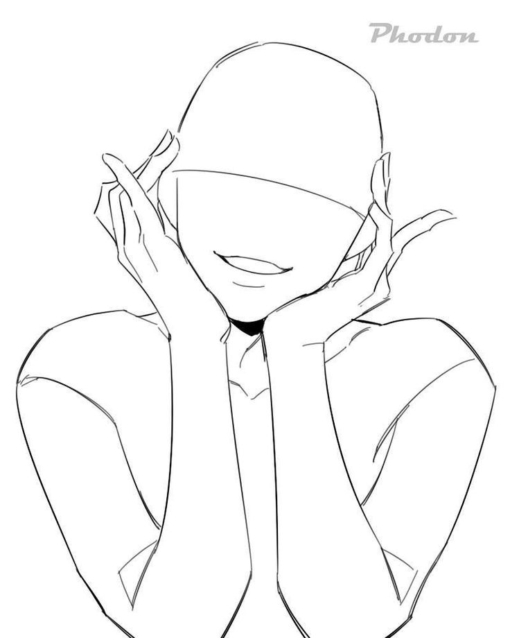 this is a line art drawing of a female anime character. the character is facing towards the viewer, with her head tilted down and her arms crossed in front of her. her hands are on her face. she is wearing a simple shirt. the drawing is a base template for an artist to draw on.