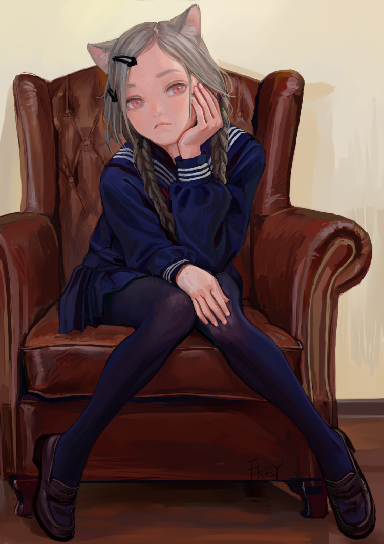 a young animestyle girl with gray hair and cat ears sits in a large, red leather chair. she wears a navy blue school uniform with white stripes on the sleeves and collar, dark tights, and black loafers. her hair is styled in braids and she has red eyes. she rests her head on her hand and appears to be looking off to the side with a slightly bored expression.