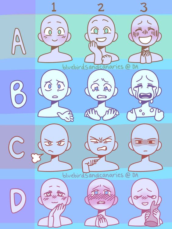 the image is a digital drawing of a character emotions chart. it features a simple, cartoonstyle character depicted in four rows, each representing a different emotional category (ad). within each row, the character is shown with three levels of intensity for that emotion, ranging from mild to extreme. the emotions displayed include happiness, sadness, anger, and shyness/love. the chart is designed to be used as a reference for artists or anyone looking to improve their ability to draw various facial expressions. the artist's watermark, "bluebirdsandcanaries @ da," is visible in the image.