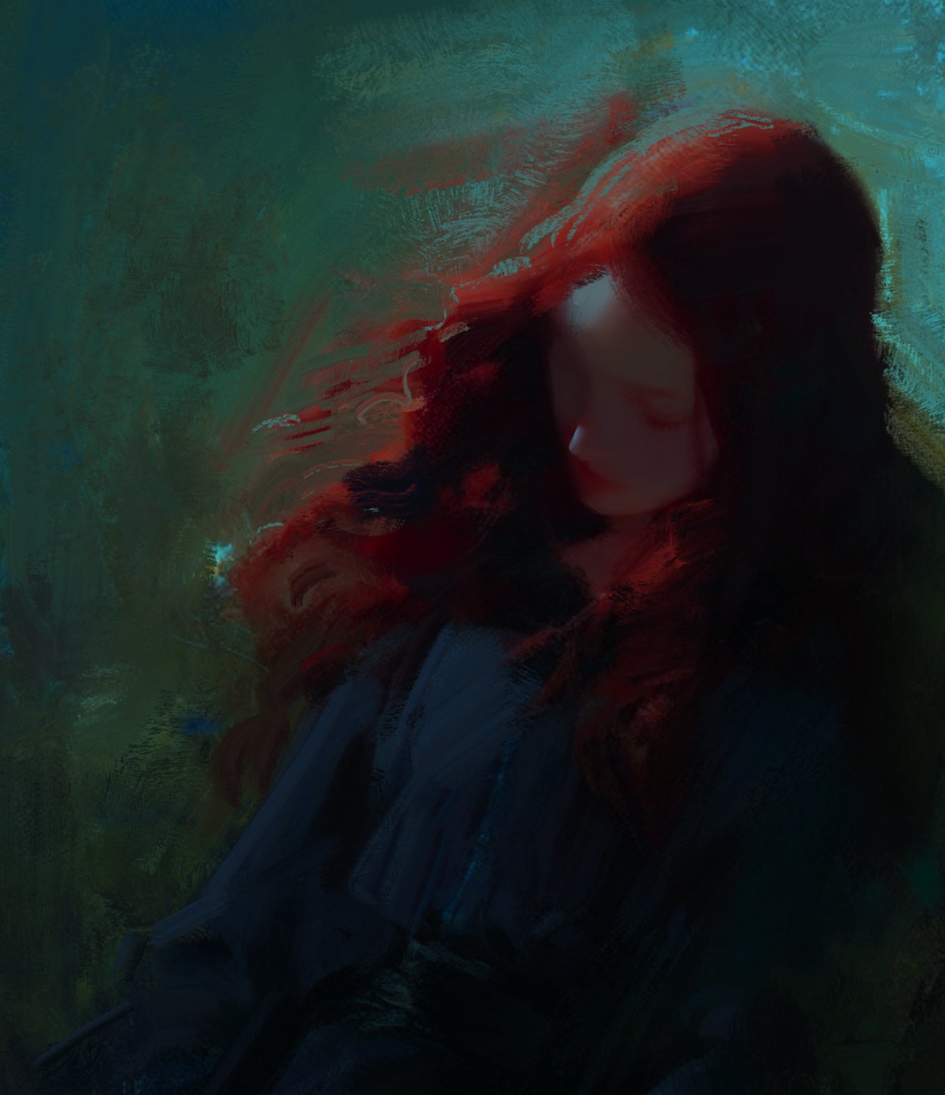 a digital painting of a woman with long red hair, her face is obscured by her hair and she is looking down, she is wearing a dark blue dress and is set against a dark green background.  the painting has a mysterious and ethereal feel to it.