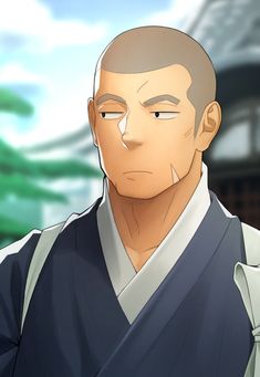 the image is a closeup portrait of an adult, tanskinned male anime character with short, shaved, dark hair and darkcolored eyes. he has a neutral expression. the character has a strong jawline and is wearing a navy blue monk’s robe with a white inner lining and a white bag strap across his left shoulder. the background is blurry, but the setting appears to be outdoors in front of a building, with the suggestion of greenery in the distance on the lefthand side. the lighting appears natural and the man is lit from the front.