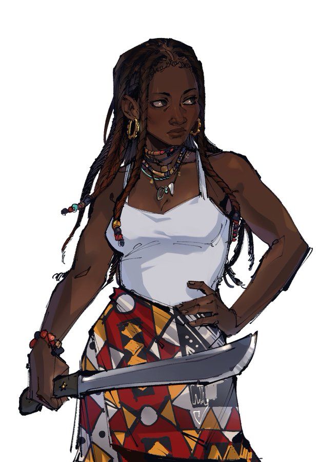 the image is a digital painting of a strong and confident black woman with dreadlocks. she is dressed in a white tank top and a patterned skirt. she holds a large knife in her right hand and has a determined look on her face. she is adorned with tribal jewelry, including earrings, necklaces, and bracelets. her skirt is red, yellow, and black, with a geometric pattern. the background is white. the woman is portrayed as a powerful warrior, ready to fight.