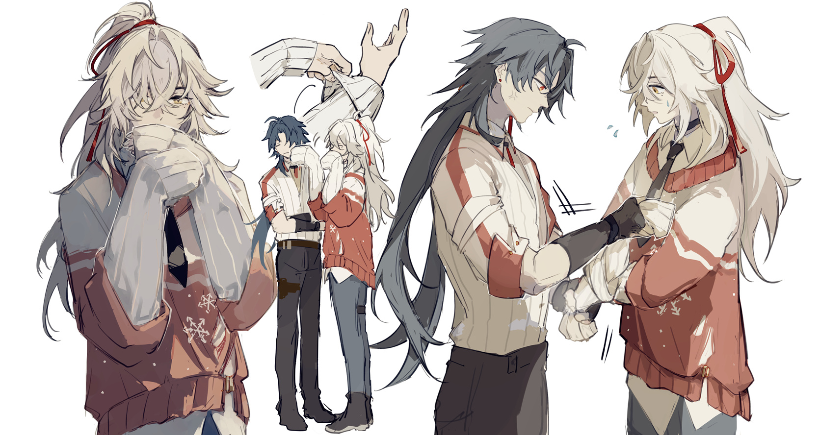 the image is an illustration of four anime characters. the image is drawn in a vibrant style with distinct lines. there are three men standing, and all of them have a different expression on their faces. the men are dressed in different attire, and they are all standing on a white background. the first man has white hair and is wearing a white sweater. the second man has white hair and is wearing a red sweater. the third man has black hair and is wearing a white shirt with red stripes. the fourth man has black hair and is wearing a grey shirt.