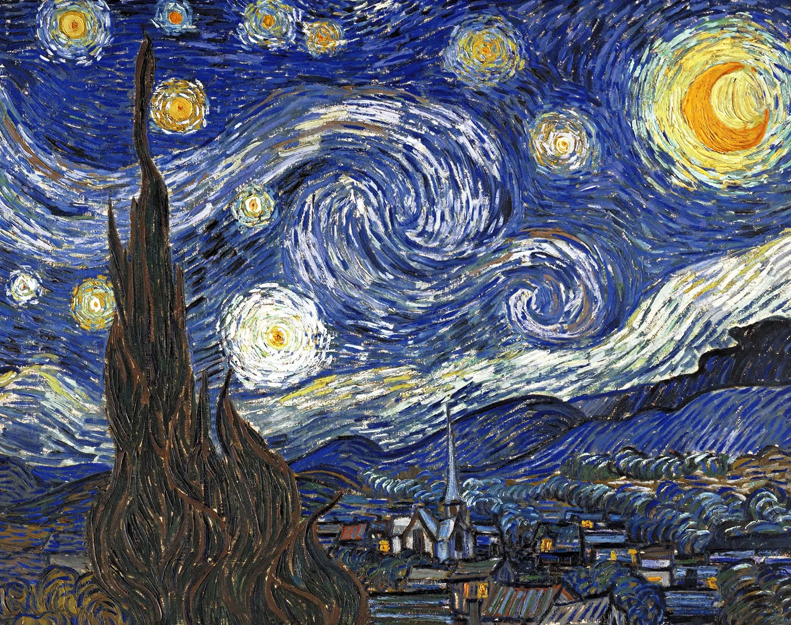 the image is a reproduction of vincent van gogh's famous painting "the starry night". it depicts a night sky filled with swirling stars, a crescent moon, and a dark cypress tree in the foreground. below the sky is a small village with a church steeple. the painting is characterized by its vibrant colors, bold brushstrokes, and the emotional intensity of its composition.