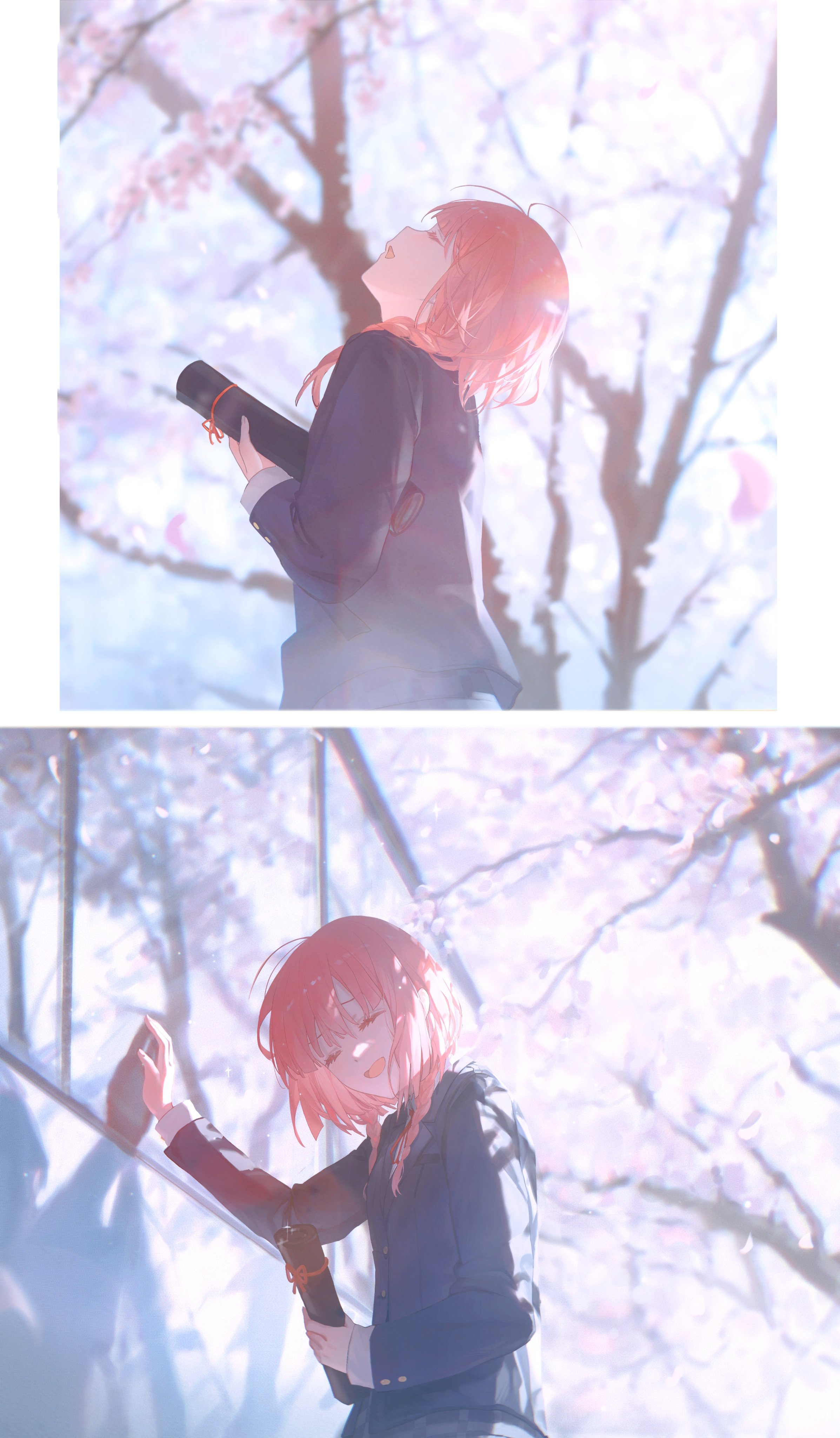 the image shows two scenes featuring a girl with pink hair in a school uniform, likely at a graduation ceremony. the first scene depicts her holding a diploma and looking up at cherry blossoms. the second scene shows her leaning against a wall, still holding the diploma, with a happy expression. both scenes are bathed in soft sunlight and feature cherry blossoms in the background, creating a sense of celebration and accomplishment.