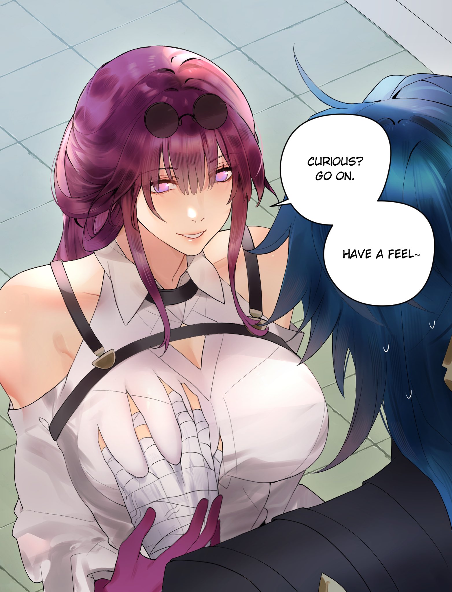 this is an illustration from a manga comic that depicts a scene of two anime characters. one character is a woman with long purple hair, wearing a white shirt and has her hand on another character's chest. the other character has blue hair and is wearing a darkcolored outfit. there is a thought bubble above the woman's head that says "curious? go on.", and there is a thought bubble above the other character's head that says "have a feel...". the image is set in a lightcolored room with a tile floor.
