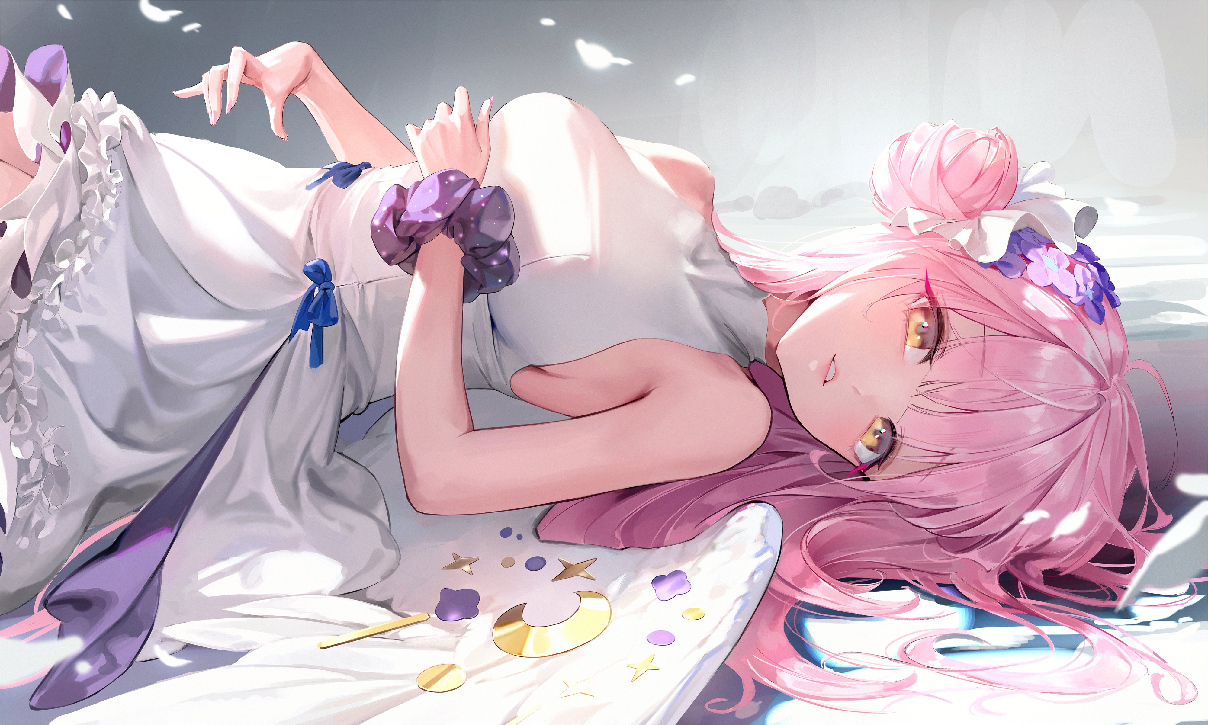 the image depicts a beautiful anime girl with long, pink hair lying down on a bed. she's wearing a white dress adorned with purple and blue accents. her hair is styled in a halfup bun with decorative hair clips.  she has large, expressive yellow eyes and a peaceful expression on her face.  the background is soft and ethereal, with subtle hints of light and floating feathers.  the overall aesthetic is dreamy and fantastical.  she appears to be comfortable and relaxed. the art style is detailed and colorful.