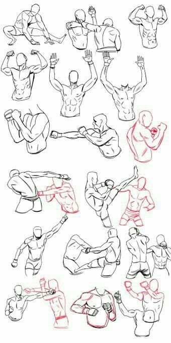 the image showcases a collection of dynamic figure drawings depicting individuals engaged in various fighting stances. rendered primarily in black and white, the sketches highlight the human form in motion, emphasizing musculature and anatomical structure. the poses are varied, capturing punches, kicks, blocks, and grappling maneuvers, offering a study in action and movement for artists.
