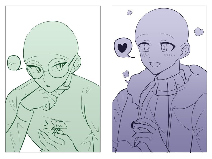 the image is a digital illustration of two anime boys side by side. the boy on the left is drawn in green tones and is wearing glasses and a sweater, and is holding a small clover in his hand. he appears to be shy or nervous. the boy on the right is drawn in blue tones and is wearing a jacket and sweater. he appears to be happy and smiling, with hearts around him. the boys are both looking at each other, suggesting that they are friends or perhaps in a relationship. they are drawn in a simple style with clean lines and minimal details, suggesting that they are characters from a manga or anime.
