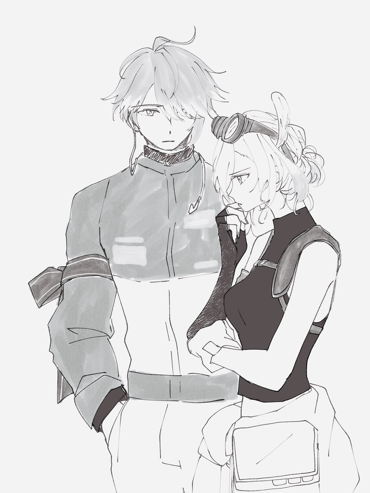 this is a digital illustration of an anime couple standing side by side. the boy is on the left side of the image, and he is wearing a white shirt and black pants with a gray jacket. he has short, light hair and a calm expression. the girl is on the right side of the image, she has longer, light hair,  is wearing a black tank top with brown straps and white pants with a large black and white bag over her shoulder. the girl's expression is a bit worried. the couple is drawn in a simple, sketchlike style.