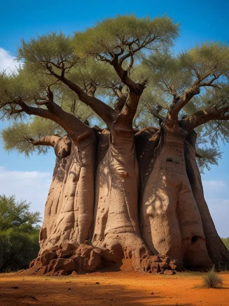 the image shows a large baobab tree standing in an arid african landscape. the tree has a thick, distinctive trunk and a widespreading crown of branches with sparse leaves. the soil around the tree is red and dry. the sky is blue with some clouds.