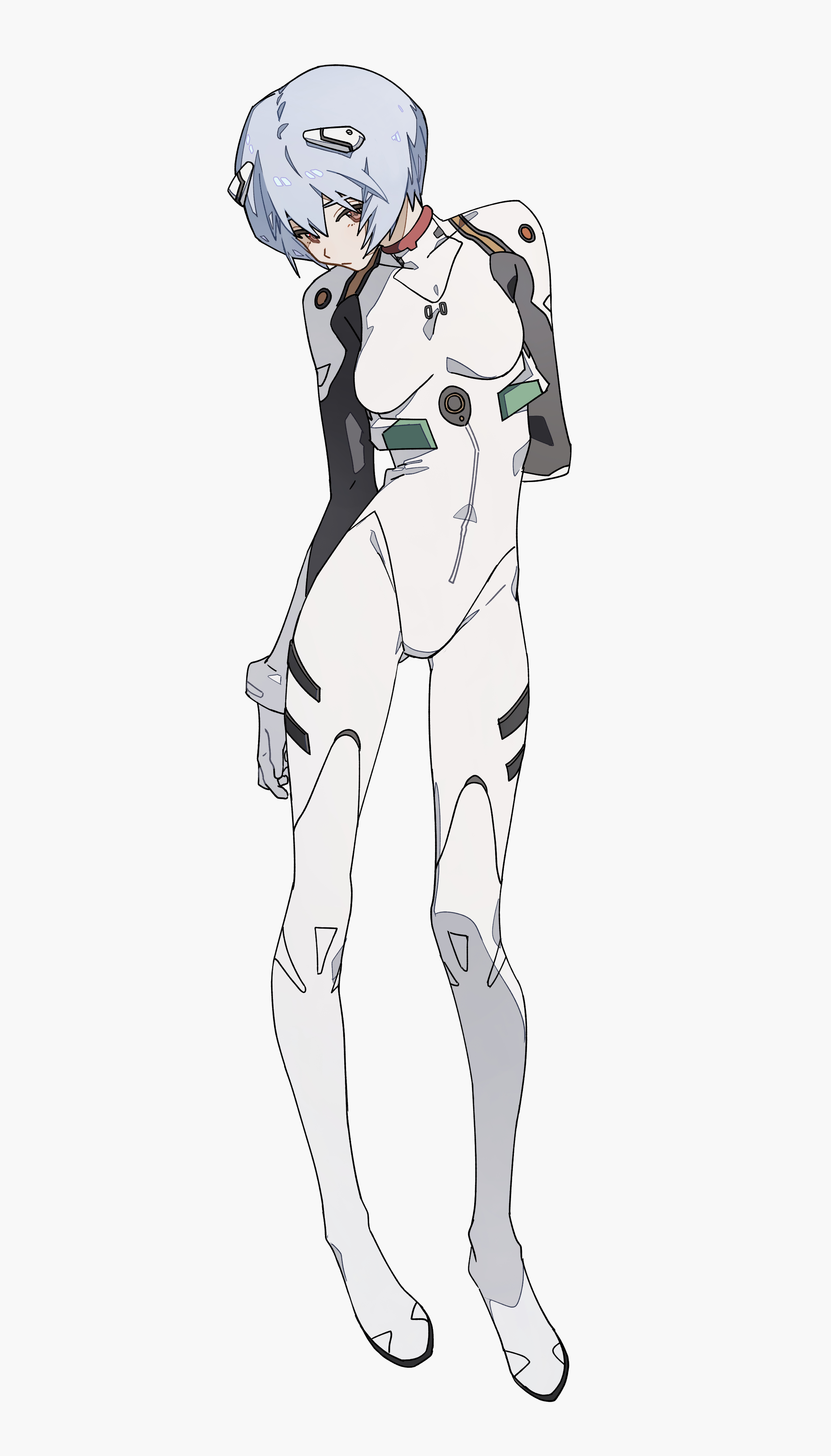this is an illustration of rei ayanami, a character from the anime series neon genesis evangelion. she is depicted in her signature white plug suit, with her short blue hair and a melancholic expression.  the drawing style is clean and simple, focusing on the character's posture and expression rather than intricate details. she is standing with her head slightly bowed. the overall tone is somber.