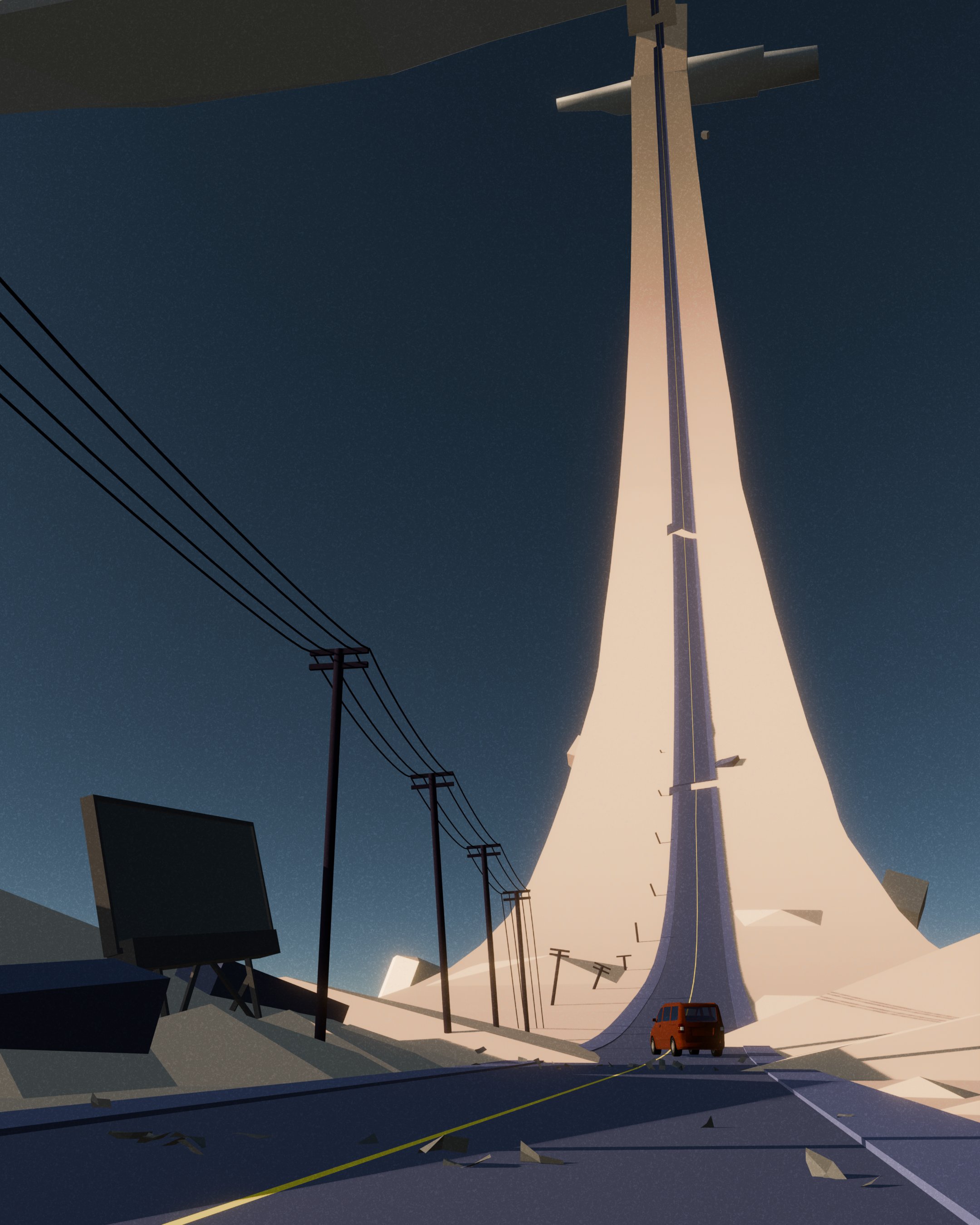 a lowangle shot of a road scene with a towering structure and a small red car in the distance. the road is cracked and divided by a yellow line. in the background is a very tall structure with a crosslike top, flanked by large, smooth formations that resemble dunes or artificial hills. to the left of the road, there are utility poles with cables and a large black billboard. the sky is a clear, deep blue. the overall lighting gives the scene a stylized, almost surreal appearance.