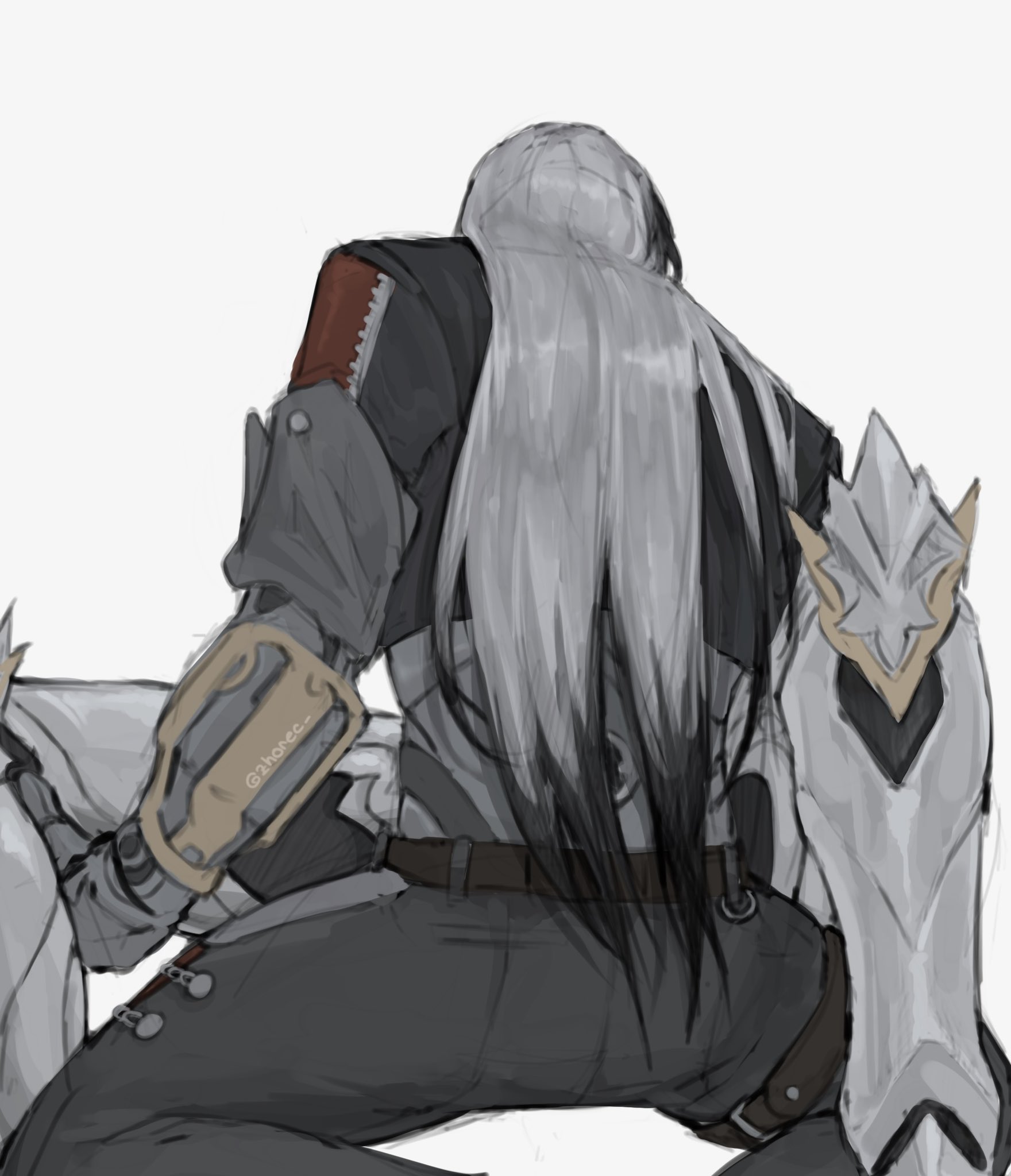 the image is a digital illustration depicting the back of a character, possibly from a video game or anime. the character has long, flowing silver or gray hair, and is wearing elaborate, darkcolored clothing with elements of both futuristic and fantasy armor. notably, there's a large mechanical arm visible on one side, and the clothing has intricate detailing including shoulder armor, belts, and what seems to be a type of gauntlet.  the style is a blend of anime and potentially scifi aesthetics, with a slightly muted grayscale color palette. the character is seated and the viewpoint is from behind, focusing on their clothing and long hair. the art style suggests a sketchlike or unfinished quality, but with significant detail.
