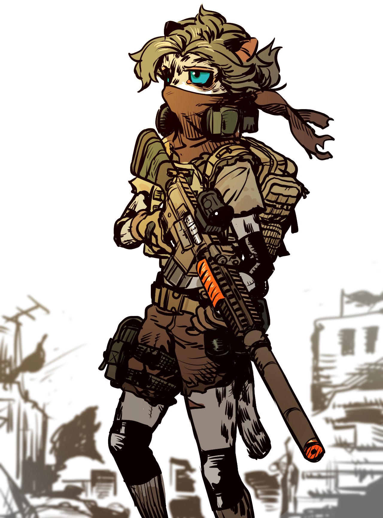 an illustration of a female anthropomorphic cat with a black mask, a camouflage military uniform, and a rifle standing in a urban setting. the cat appears to be in the middle of a mission, alert and focused on her task. the art style is cartoonish and uses thick black lines for detail.
