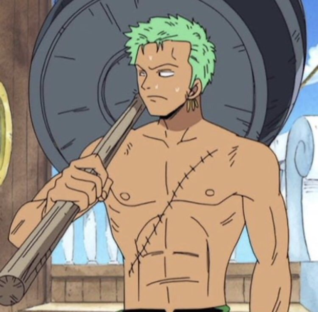 this is an illustration of the anime character roronoa zoro from one piece. he is depicted shirtless, prominently displaying his muscular physique and the large scar across his torso. he holds a large weight over his shoulder with a serious expression. the setting appears to be inside a ship, suggested by the wooden planks in the background. the lighting is soft and emphasizes his muscular build.