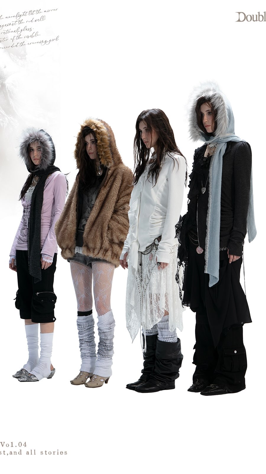the image showcases four female models posing in various winter outfits against a stark white background.  the clothing style is distinctly alternative or gothic, featuring hooded coats (some with fur), long scarves, leg warmers, and darkcolored boots.  the models' expressions are somewhat serious and stoic.  the overall aesthetic suggests a fashion editorial or lookbook for a brand called "double_" (as indicated in the top right corner), possibly within a specific volume or collection.  the setting appears to be a professional studio photoshoot.