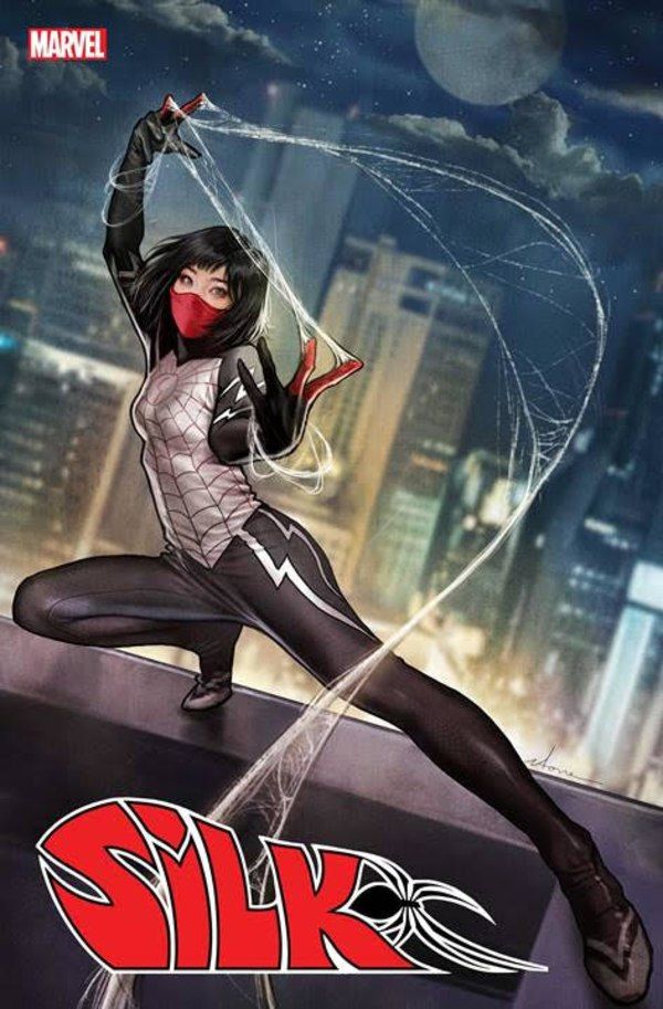 the image features silk, a superhero from the marvel comics universe. she is depicted in her costume, which is a white and black bodysuit with a red mask. she is swinging through the city at night, her web trailing behind her. the cityscape behind her is illuminated by streetlights and the moon. the overall composition is dynamic and actionpacked, highlighting silk's agility and power.