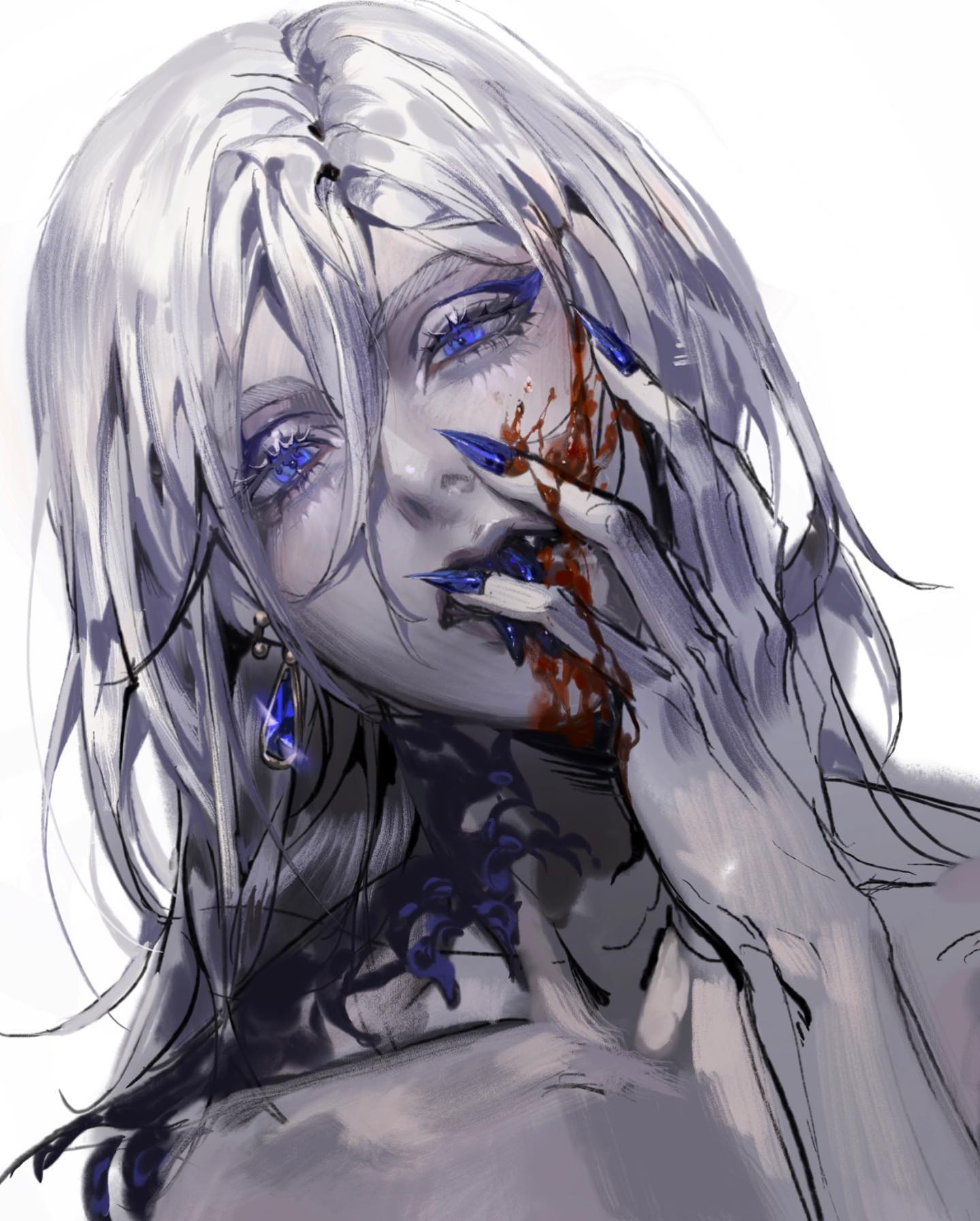this is a digital illustration of an animestyle woman with long white hair and blue eyes. her face is covered in blood and she has sharp blue nails. she is wearing a dark blue necklace and earring. she looks sad, worried, and distressed. the artwork is rendered in a soft, painterly style.