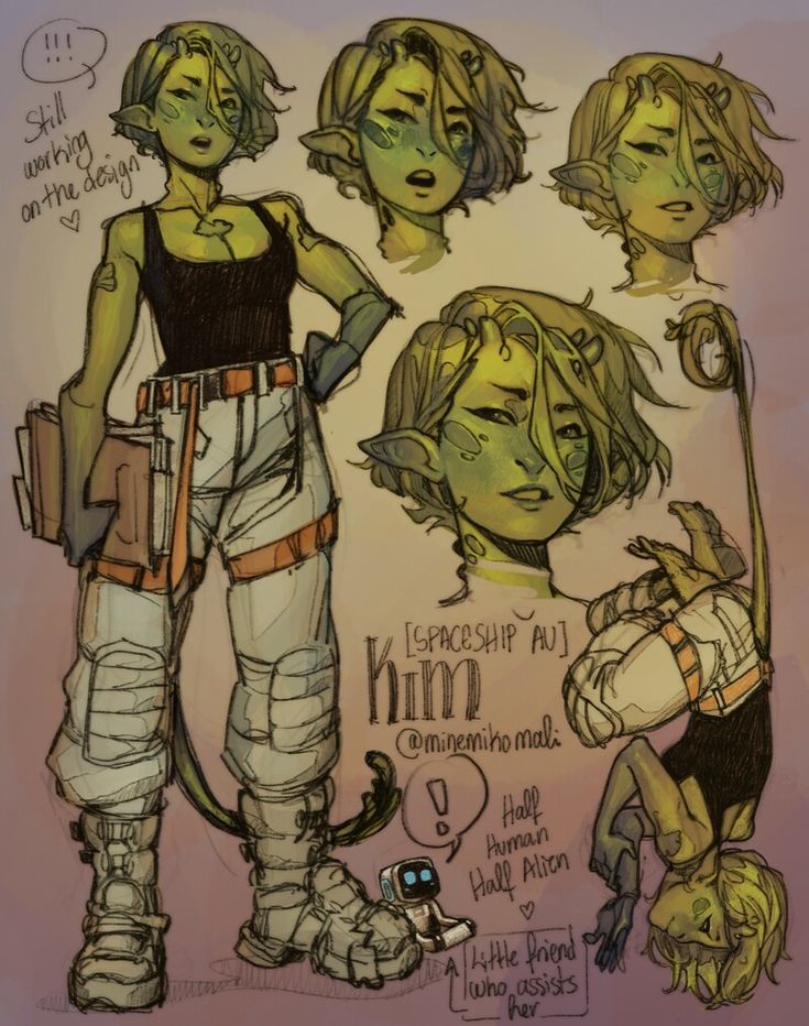 the image is a digital drawing of a green alien girl in a spacesuit. she has  humanoid features, with green skin,  long blonde hair, and big eyes. she's wearing a black tank top, white pants with orange stripes, and  black boots. she's holding a book in her left hand and has a  tool belt around her waist. her right hand is holding a small  tool. she has a  yellow robot by her side, with a  little speech bubble that reads: "!" there are four smaller versions of the girl's head in different poses, one on her shoulder. the background is a light pink color, with some  pencil strokes. the drawing is titled "him" and has the  text "[spaceship au]" and "@minemiho mali" written below it.there is a small heart drawn below the title and another heart below the girl's speech bubble. the text below the girl's feet describes her as half human, half alien. the description of the robot reads: "a little friend who assists her."the drawing is well done and has a lot of detail. the style is reminiscent of cartoon drawings but with a more realistic look. the colours are bright and bold. the overall image is cute and friendly, with a sense of adventure.