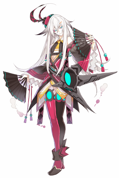 a female anime character with long white hair, wearing a red and black outfit. she is holding two fans and a futuristiclooking weapon. she is standing on a white background.
