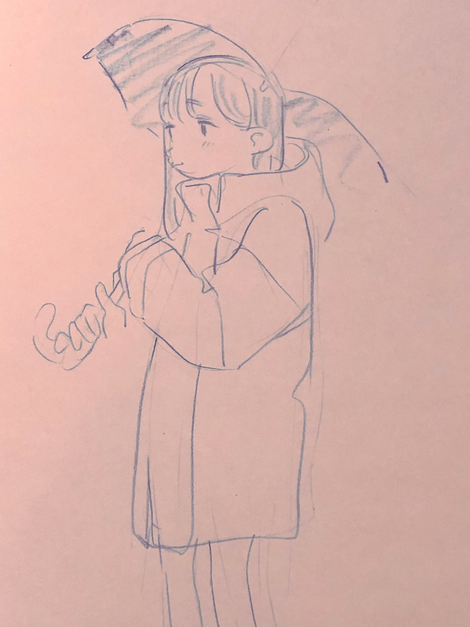 a loose, sketchy drawing of a girl in a puffy coat holding an umbrella. the drawing is done in blue pencil on pink paper. the girl is facing left and looking down, with her hands tucked into her sleeves. the overall style is soft and whimsical.
