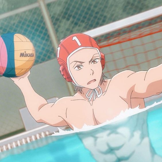 an anime style image of a male water polo player in action. the athlete is shirtless, with toned muscles, holding a yellow, pink and purple ball labeled "mikasa." he is wearing a red swim cap and has light hair and eyes. the background features the edge of the pool and fencing, suggesting an outdoor setting. the art style is defined with sharp lines and shading.