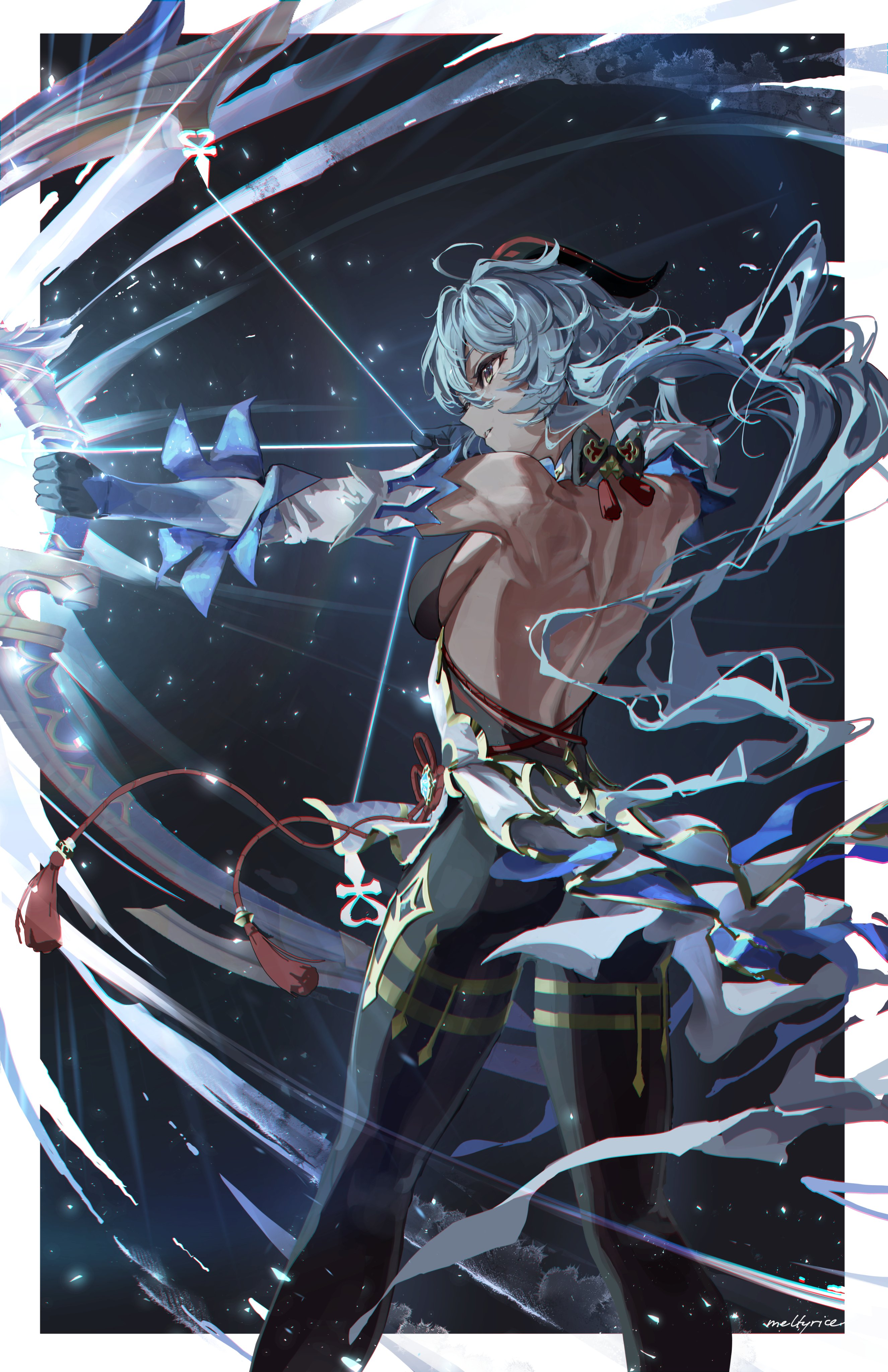 the image features an animestyle drawing of a young girl with white hair and horns aiming a bow and arrow at the viewer. she is dressed in a blue and white outfit with gold accents. the background is dark with a starry effect. the lighting is artificial and creates a dramatic effect. the perspective is a side view.
