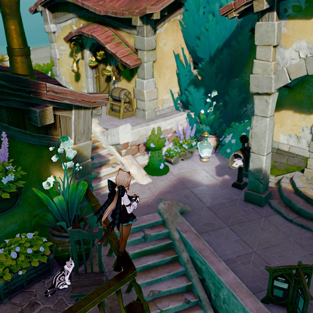 a highangle screenshot from the video game genshin impact shows a young animestyle girl standing on a wooden balcony overlooking a quaint courtyard. the girl is dressed in dark clothing with a bow, and she appears to be holding a cup. a small cat sits on the balcony next to her. the courtyard features stone steps, charming buildings with redtiled roofs, various plants and flowers (including hydrangeas and lilies of the valley), and a small mailbox. the scene is sunlit with noticeable shadows, creating a peaceful and charming atmosphere. the overall aesthetic is whimsical and fantasylike.