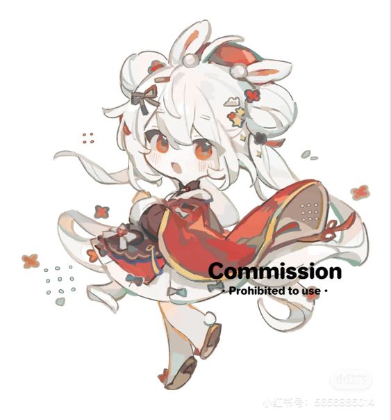 a digital illustration of a young anime girl. she has white hair styled in buns resembling bunny ears and wears a red and white dress with a festive motif. the style is chibi, with exaggerated features and a small body type. the background is white with scattered decorative elements. the image is marked as a "commission" with a note stating "prohibited to use".