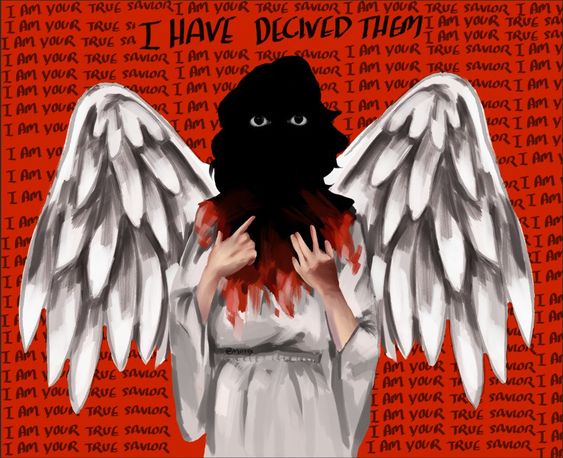 the image is a stylized painting of a figure resembling an angel, set against a vibrant red background. the angel has large, white feathered wings and is dressed in a white robe.  however, its face is completely blacked out, with only piercing white eyes visible.  the figure's hands, covered in blood, are held up in a gesture reminiscent of devil horns.  the phrase "i have deceived them" is prominently displayed across the angel's chest, while the repeated text "i am your true savior" fills the background. the overall effect is both striking and unsettling, suggesting a critique of blind faith and false prophets.