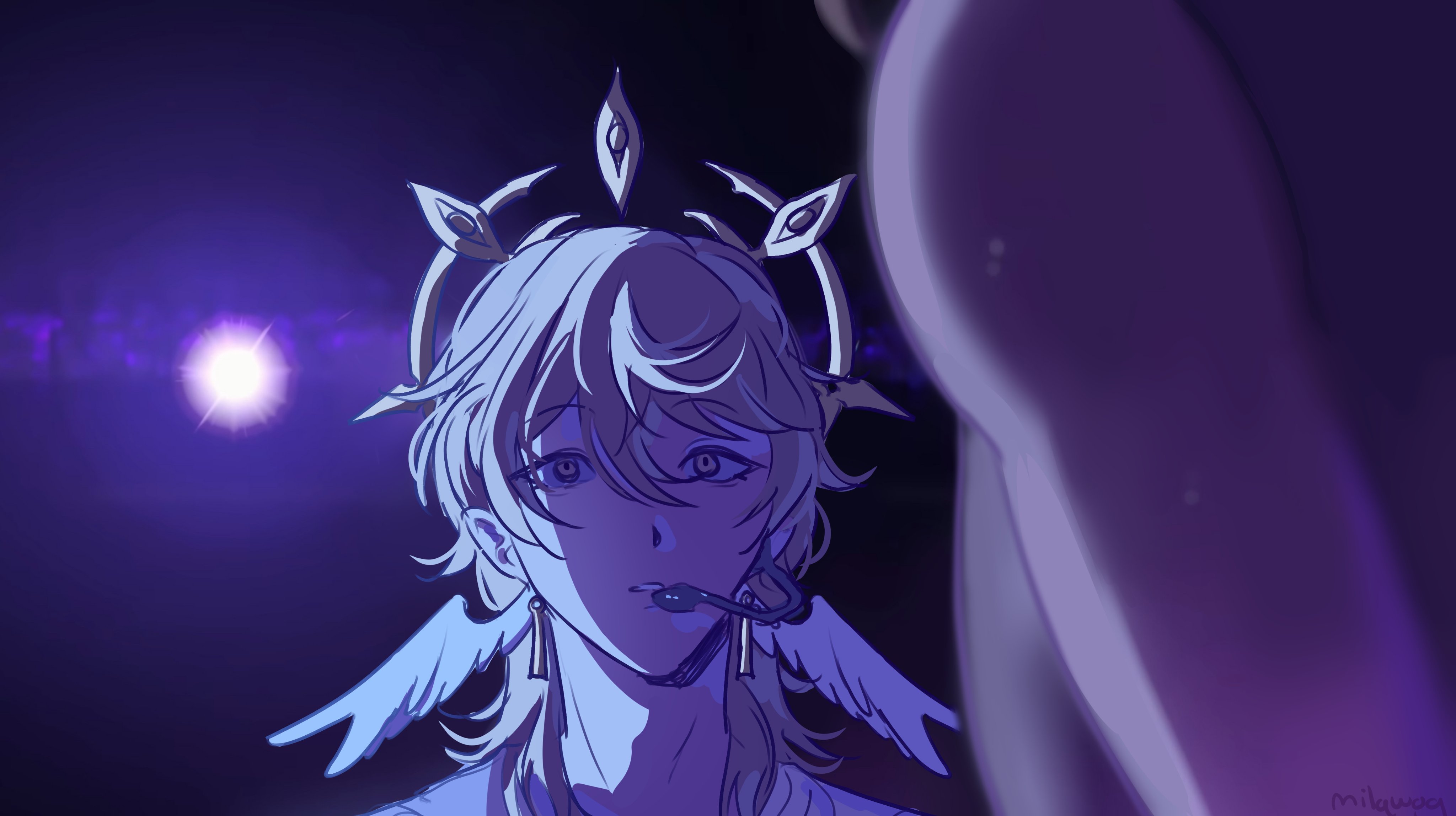 a male anime character with white hair and a halo is shown in a somber, lonely expression. the character has angel wings and is looking to the left of the frame, out of focus. the background is a soft purple, almost like a galaxy, with a large bright star visible to the left. the light from the star is reflecting on the character's face.  the overall tone is one of sadness and loneliness.