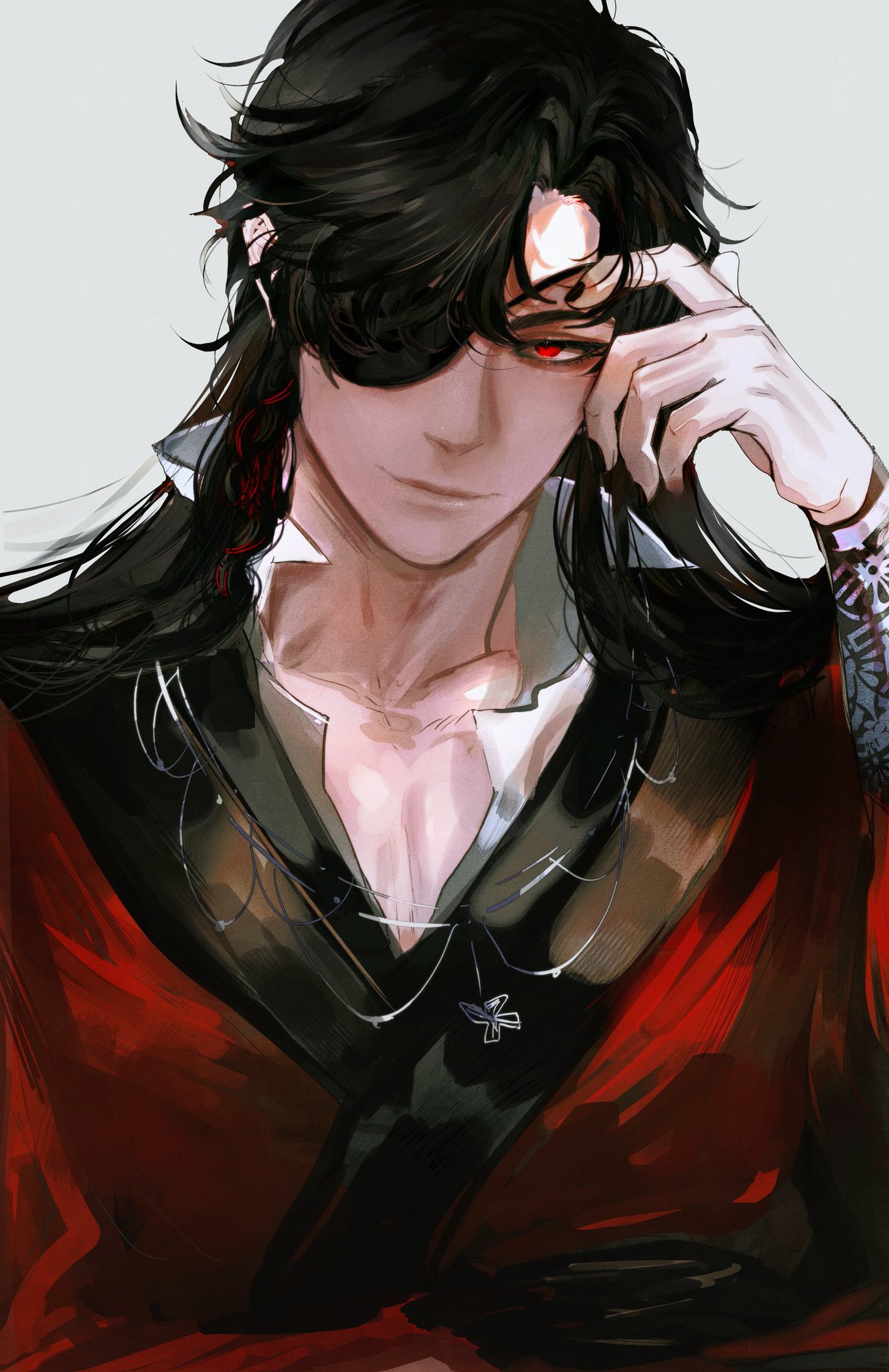 a digital illustration of a handsome young man with black hair and red eyes wearing a black and red shirt. he has an eyepatch on his right eye and is looking away from the viewer. he has a serious expression on his face. the artwork has a dark and mysterious vibe.