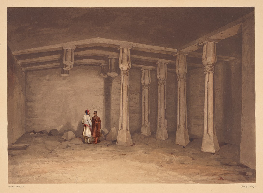 the image shows an indoor space, likely an ancient temple or structure, with several columns or pillars supporting beams overhead. two men in traditional clothing stand in the foreground, one wearing a white robe with a red sash and head covering, and the other in a dark robe. the walls appear aged and are composed of stone blocks. the ground is uneven with scattered rubble. the lighting is subdued, creating shadows that emphasize the structure's architecture. the artwork style suggests a historical painting or illustration.