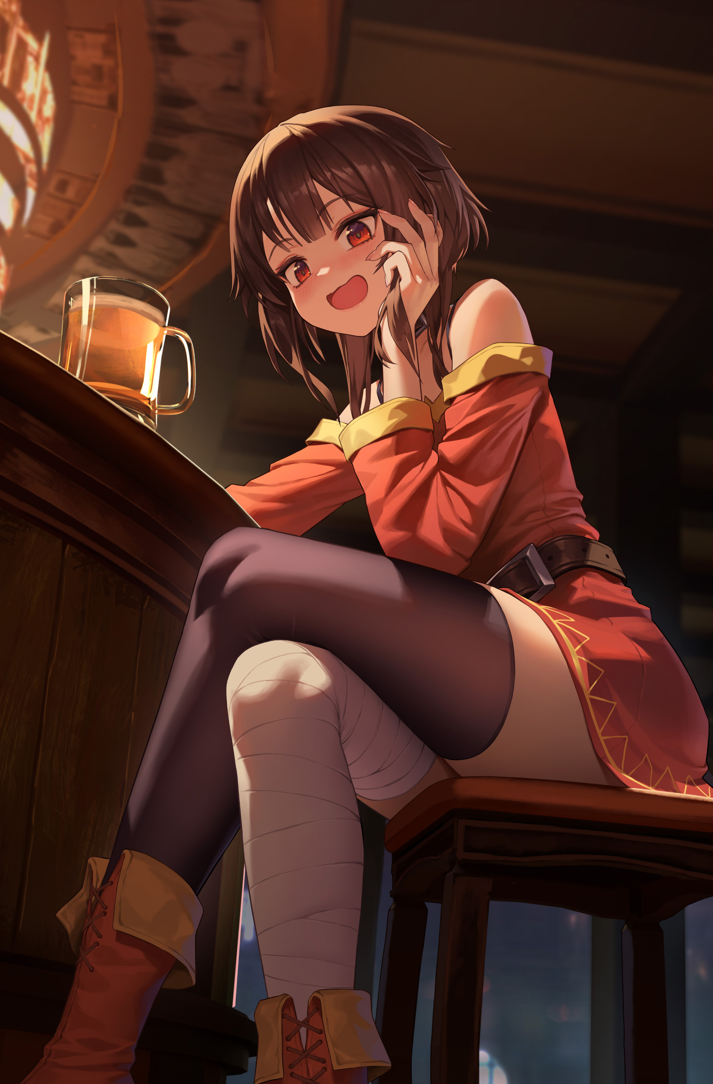 the image shows megumin from konosuba sitting at a bar with a mug of beer. she is wearing her signature red dress and tights, and her leg is bandaged. she is sitting on a wooden stool. the background appears to be a dimly lit tavern or bar setting. she has her hand up near her cheek and a happy expression on her face.